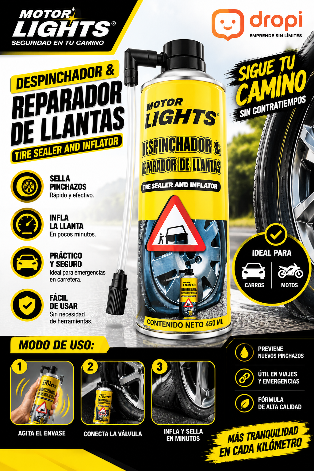 🚗💨 Inflador y Despinchador de Llantas Motor Lights